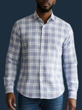 Ledbury Alden Collar Classic Fit Dress Shirt Blue Check Linen Blend 15.5 Medium